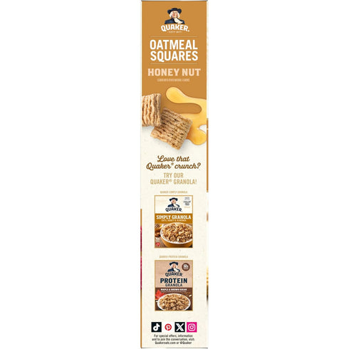 14.5 Oz (Pack 3) Quaker Oatmeal Squares Crunchy Whole Grain Breakfast Cereal, Honey Nut, Boxes