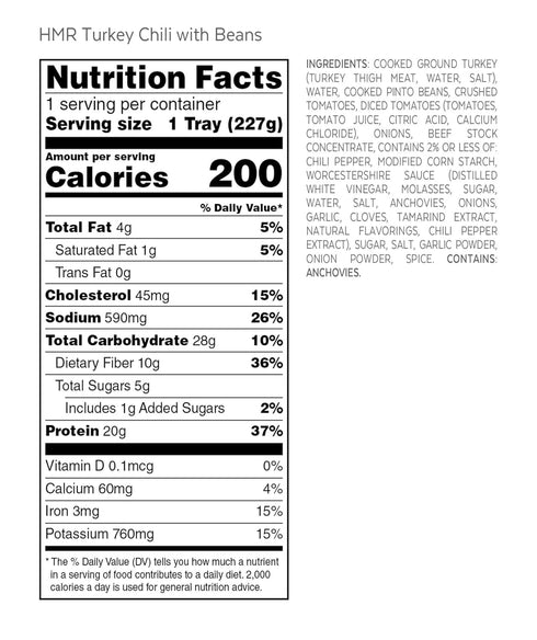 Pre-packaged 20g 8oz Pack 3 HMR Turkey Chili with Beans Entre | Lunch or Dinner to Support Weight Loss | Ready to Eat |