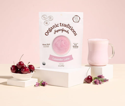 150g 5.3oz Organic Traditions Lavender Latte Calming Drink Mix, Caffeine Free Latte Blend with Lavender Powder, Tart