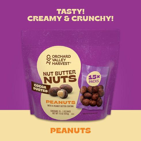 1oz (Pack 15), Orchard Valley Harvest Nut Butter Nuts Cocoa Dusted, Peanut Butter Coated Peanuts, Bags of Made