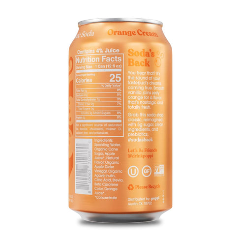 POPPI Sparkling Prebiotic Soda, Beverages w/Apple Cider Vinegar, Seltzer Water & Fruit Juice, Orange Cream, 12oz (12 Pack)
