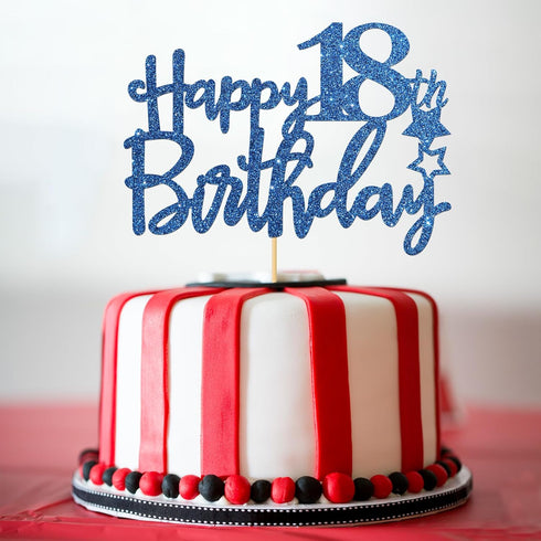 Royal Blue Glitter Happy 18th Birthday Cake Topper, Cheers to 18 Years Party Supplies