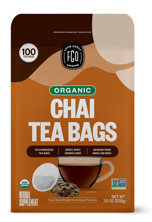 FGO Organic Chai Tea, 100 Count, Eco-Conscious Tea Bags, Resealable Bag (Pack of 1)