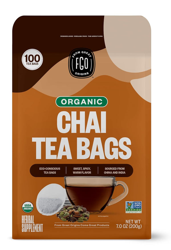 FGO Organic Chai Tea, 100 Count, Eco-Conscious Tea Bags, Resealable Bag (Pack of 1)