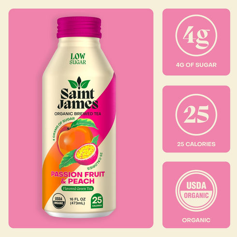 12 Pack (16 oz Saint James Iced Tea - Organic Green Tea - Non GMO, Gluten Free, Low Calorie & Low Sugar - Passion Fruit