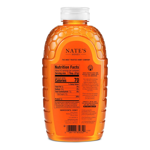 100% 32 oz. Nate's Florida Pure, Raw & Unfiltered Honey - Squeeze Bottle - All-natural Sweetener
