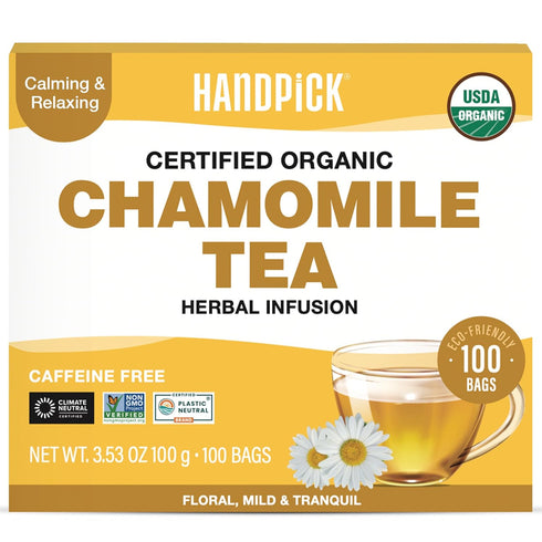 HANDPICK, Organic Chamomile Tea Bags (100 Herbal Tea Bags) Caffeine Free| Premium