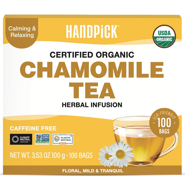 HANDPICK, Organic Chamomile Tea Bags (100 Herbal Tea Bags) Caffeine Free| Premium