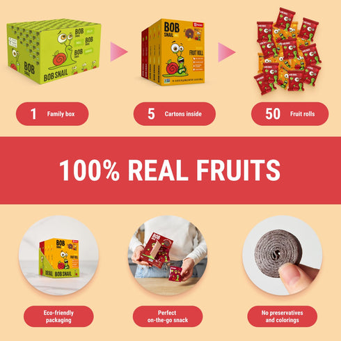 50 Pack, 500g Bob Snail Fruit Roll Ups Natural Fruit Snacks (Mango & Sour Cherry), Vegan, No Added Sugar, Healthy