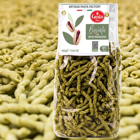 (500 GUSTO ETNA Pistachio Busiata Pasta, Spiral Pasta gr), Artisan Busiate Italian Pasta, Product of Italy, Non GMO