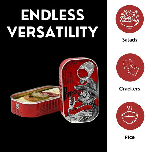 Porthos 3 125 Spiced Sardines in hot olive Oil tins x g, / Portugal