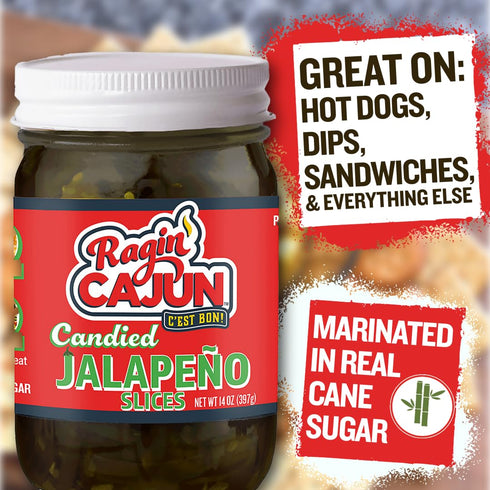14 oz Ragin' Cajun Candied Jalapeo Slices - fl Jar, All Natural - Sweet Spicy Louisiana Condiment for Nachos, Burgers