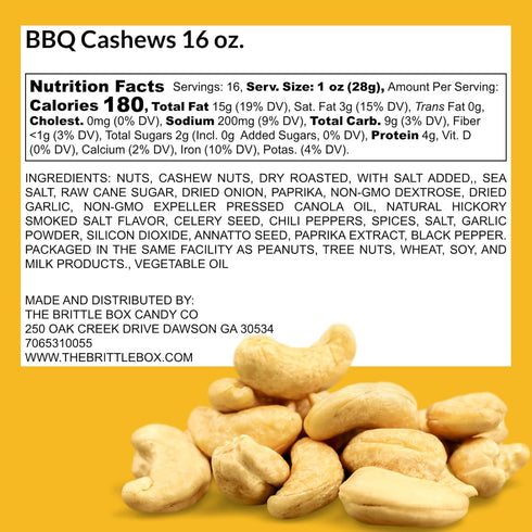 The Brittle Box Candy Co. 16 oz (1 lb) BBQ Cashews | Small Batch Roasted Cashew Nuts | Smoky Savory Barbecue Seasoning