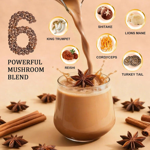 6 Immune 20 1 Pack Bunkell Mushroom Chai, Adaptogenic Mushrooms with Lion's Mane, Reishi, Cordyceps, Shiitake, King