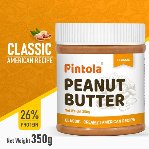 350g 26g 7.2g B3, Pintola Classic Peanut Butter Creamy - Original American Recipe with High Protein & Fiber, Premium