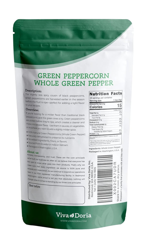 Viva Doria Whole Green Peppercorns - Steam Sterilized, 4 oz (85 g) for Grinder Refill