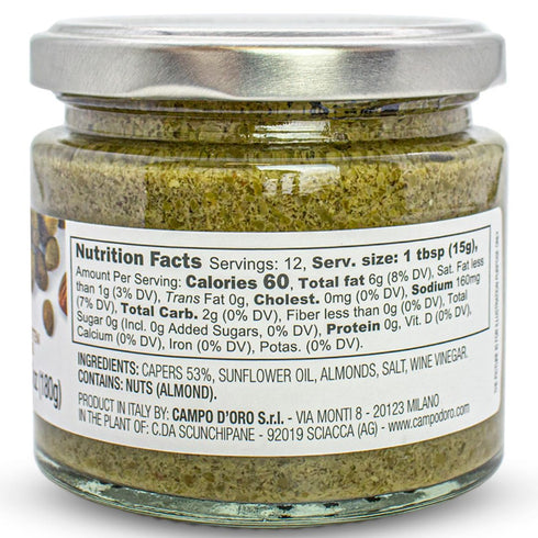 6.34 oz 180g CAMPO D'ORO - Capers Pate Spreadable, Caper & Almond Sandwich Spread, Non-GMO, Product of Italy