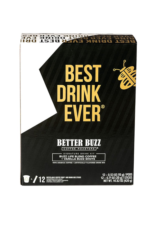 24ct.,12 12 Packs, Better Buzz Best Drink Ever Vanilla Latte Single Serve Kit Medium Roast Coffee Pods (Buzz Life)