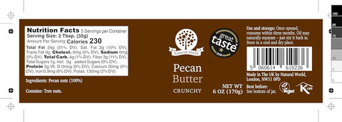 6 Oz (170g) 100% Nutural World - Crunchy Pecan Nut Butter Great Taste Award winner - Pure single ingredient