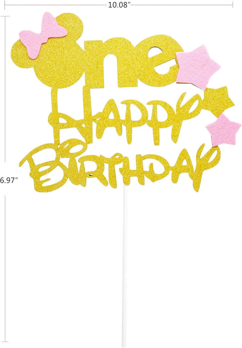 Glitter Gold Pink One Cake Topper for Girls' First Birthday Minnie Party Cake Decorations