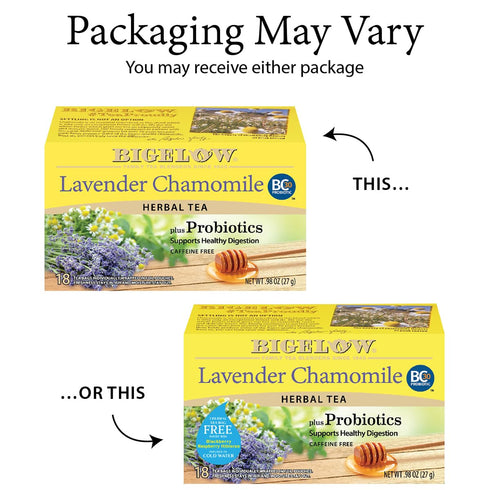 18 Count (Pack 6), 108 Bigelow Tea Lavender Chamomile Plus Probiotics Herbal Tea, Caffeine Free with Lavender