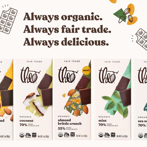 55% 6 Pack Theo Chocolate Almond Brittle Crunch Organic Dark Chocolate Bar, Cacao, | Vegan, Fair Trade