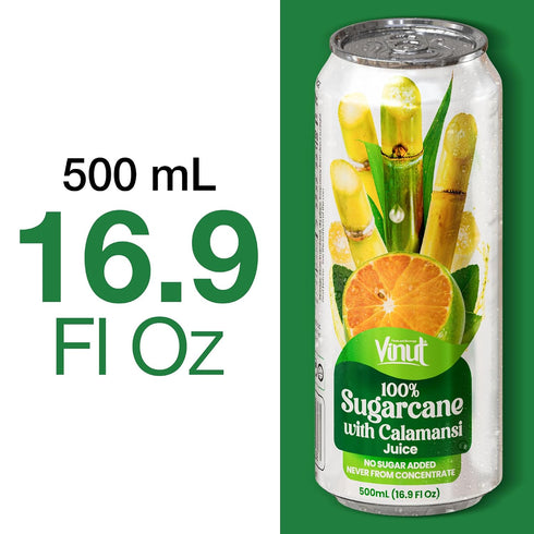 100% 16.9 oz (500 mL) Pack 6 VINUT Sugarcane with Calamansi Juice, No Added Sugar, Not From Concentrate, fl Can