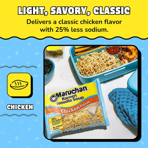 3 Oz. (24 Pack) Maruchan Ramen Noodle Soup, Less Sodium Chicken Flavor Japanese-Style Instant Noodles, Quick & Easy