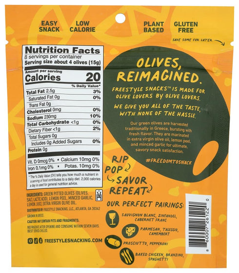 4 Freestyle Snacks, Olives Green Lemon Garlic, Ounce