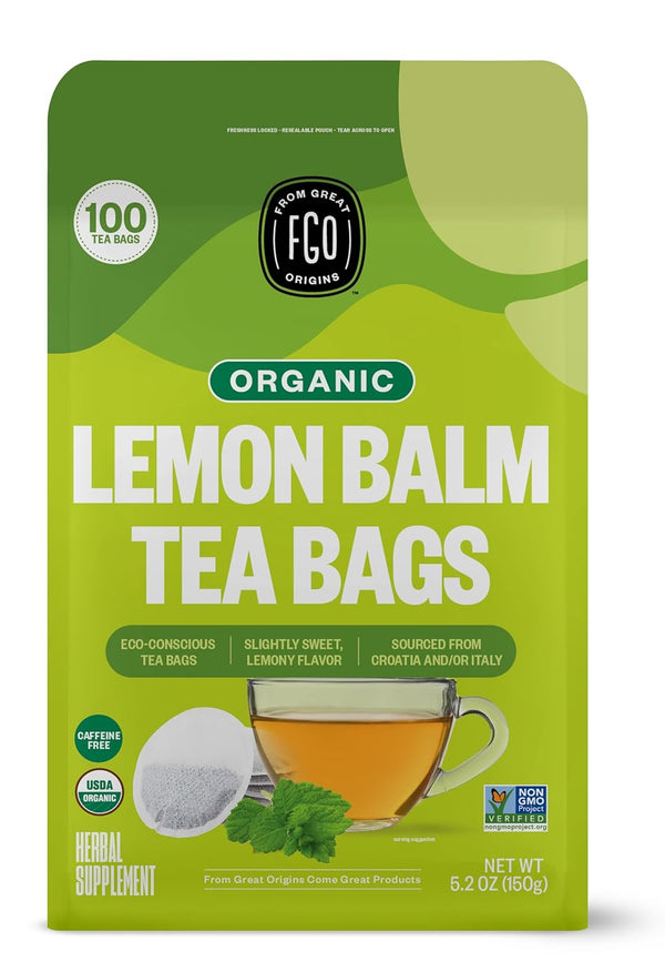 FGO Organic Lemon Balm Tea, 100 Count, Eco-Conscious Herbal Tea Bags, Resealable