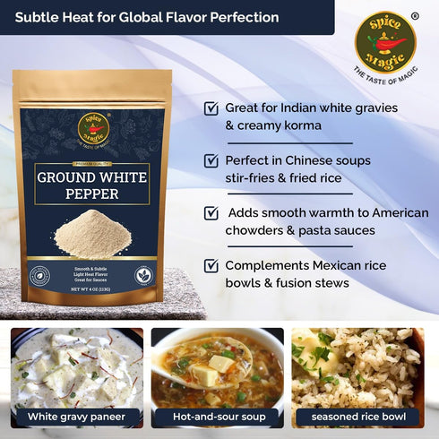 4 oz Spice Magic Ground White Pepper | Gentle, Mild Heat and Subtle Flavor Perfect For Light Sauces, Soups, Chicken