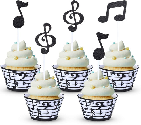 48 Pieces Music Note Cupcake Toppers and Wrappers, Musical Symbol Lace Cupcake Liners, Paper Baking Cup for Birthday