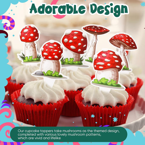 48 Didaey Pieces Mushroom Cupcake Toppers for Mushroom Birthday Party Decorations Supplies Wonderland Party Cake Decor