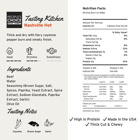 10g 1 (16 oz) Peoples Choice Beef Jerky Tasting Kitchen Nashville Hot Super Spicy Protein Made in USA Pound Bag