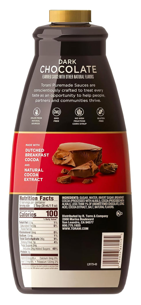 4lb 64 Oz Torani Puremade Dark Chocolate Sauce for Coffeehouse Drinks and Desserts, Non-GMO, Large Bottle, Pump