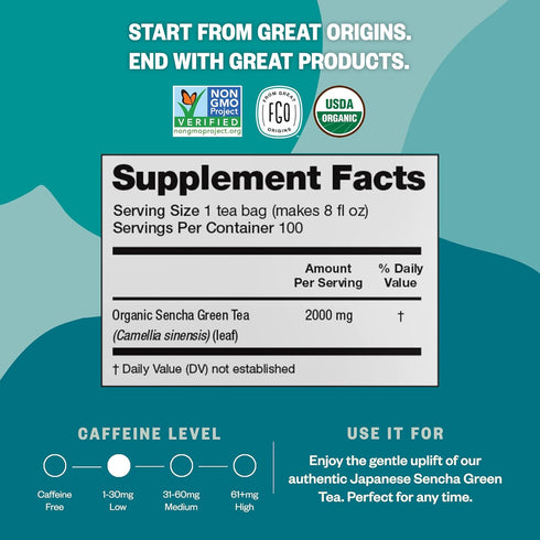 FGO Organic Sencha Green Tea, 100 Count Eco-Conscious Tea Bags, Resealable Bag, Sourced From Japan