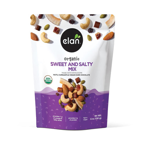 8 pack 5.3 oz Elan Organic Sweet & Salty Mix, Non-GMO, Gluten-Free, Vegan, Kosher, Vegan Dark Chocolate, Dried Fruits