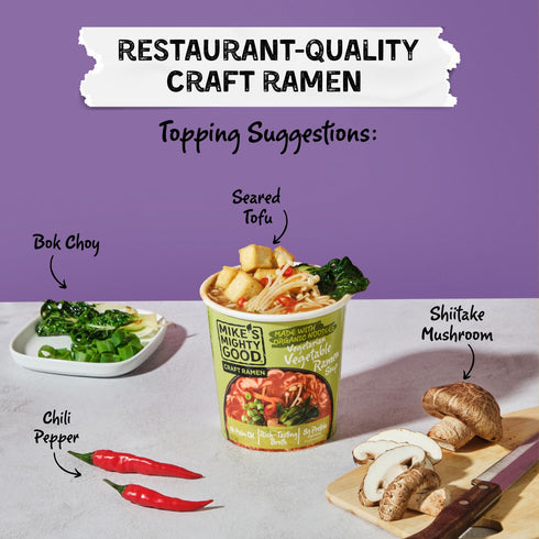 (Pack 6) 8g Mikes Mighty Vegetarian Vegetable Ramen Cup of Protein Instant Ramen Noodles Organic Steamed, Non-GMO, Palm