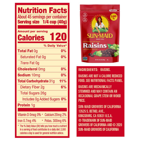 (2 Pack) 32 oz Sun-Maid California Sun-Dried Raisins - Resealable Bag - Dried Fruit Snack for Lunches, Snacks
