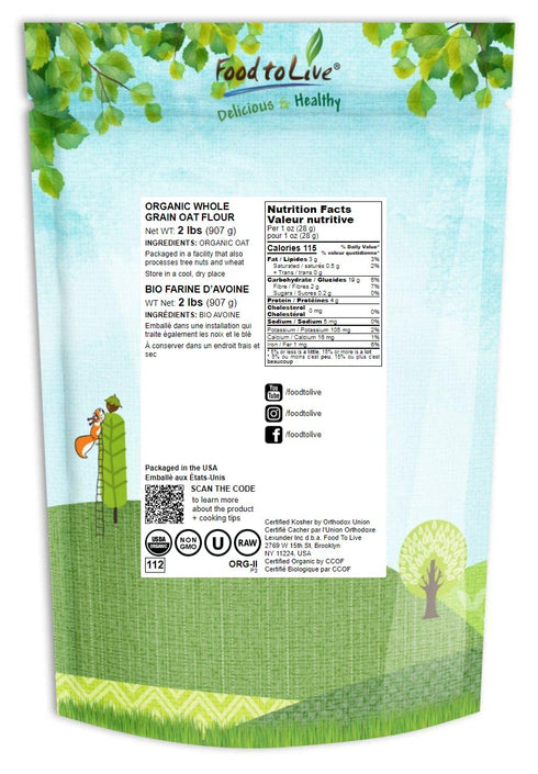 2 Food to Live Organic Oat Flour, Pounds - Non-GMO, Fine, Stone Ground from Whole Grain Oat Berries, Kosher, Vegan