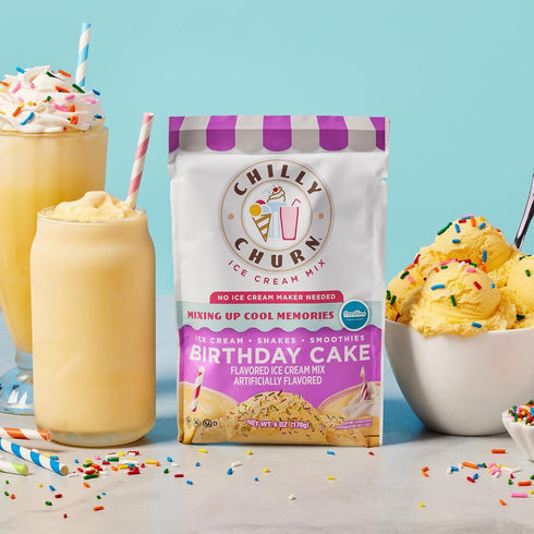 Countertop 1.5 Pack 3 Chilly Churn Birthday Cake Flavored Ice Cream, Shakes & Smoothies, Use with Hand Mixer, Blender