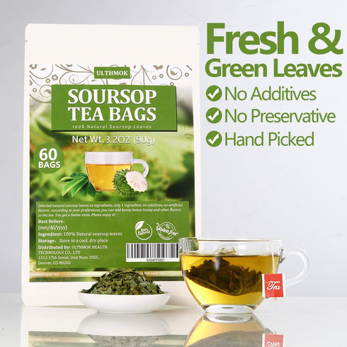 60 100% Premium Soursop Tea Bags, Made with Natural Graviola Leaves, Hoja Guanabana Tea, No Additives & Caffeine Free.