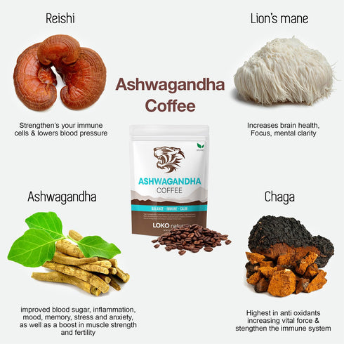 Tiger Ashwagandha Mushroom Instant Coffee with Arabica by LOKO nature | 30 servings