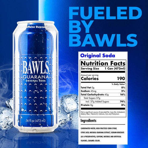 Bawls 16oz 12 Pack Guarana Original, Guarana Fueled Soda for Energy, High Energy Caffeinated Drink - Cans