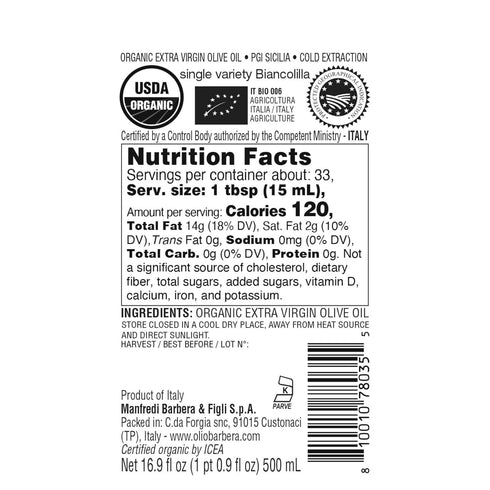 16.9 oz (500ml) 100% Villa Barbera Biancolilla Organic Extra Virgin Olive Oil PGI Sicilia, fl | Cold Extracted | Single