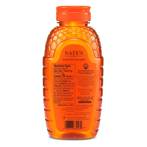 100% 16 oz. Nate's Pure, Raw & Unfiltered Honey - Award-Winning Taste, Squeeze Bottle