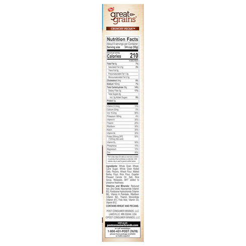 Great Grains 16 oz Crunchy Pecans Breakfast Cereal for Adults, Crispy Flakes and Granola Clusters, Non-GMO, Heart