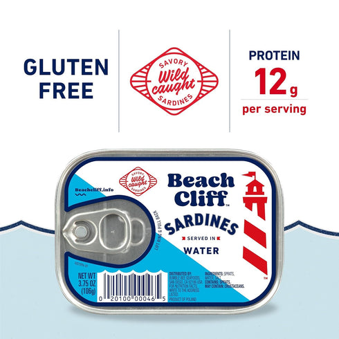 3.75 oz (Pack 12) 12g Beach Cliff Sardines in Water, Can of - Wild Caught Sardines - Protein per Serving - Gluten Free