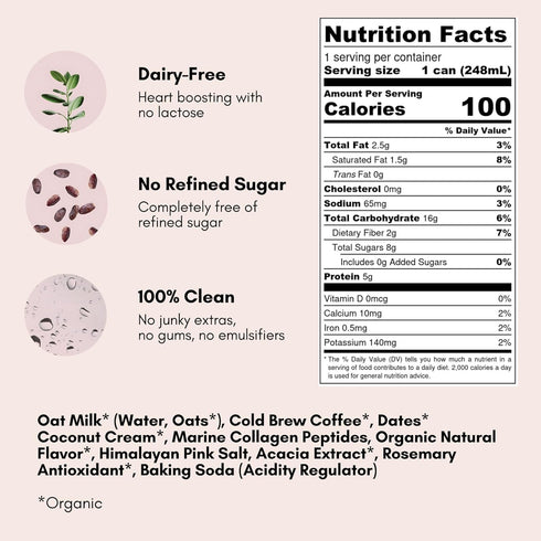 8 Oz (Pack 8) Pop & Bottle Vanilla Oat Milk Lattes - Cold Brew, Sustainably Sourced Marine Collagen, MCT Oil, Organic