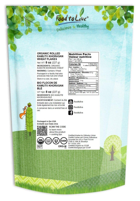 Food to Live Organic Rolled KAMUT Khorasan Wheat Flakes, 8 Ounces, Non-GMO, Great for Cereal, Granola, Baking